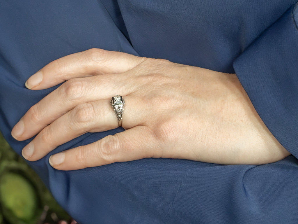 White Gold Floral Filigree Antique Princess Cut Diamond Engagement Ring