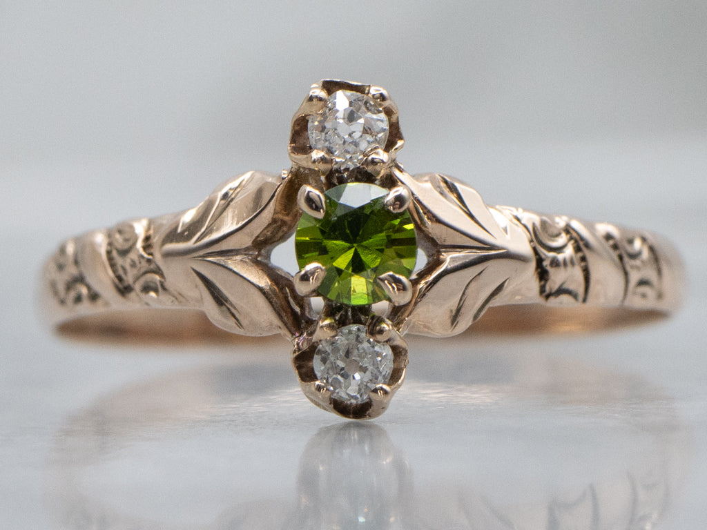 Demantoid Garnet Old Mine Cut Diamond Victorian Rose Gold Ring