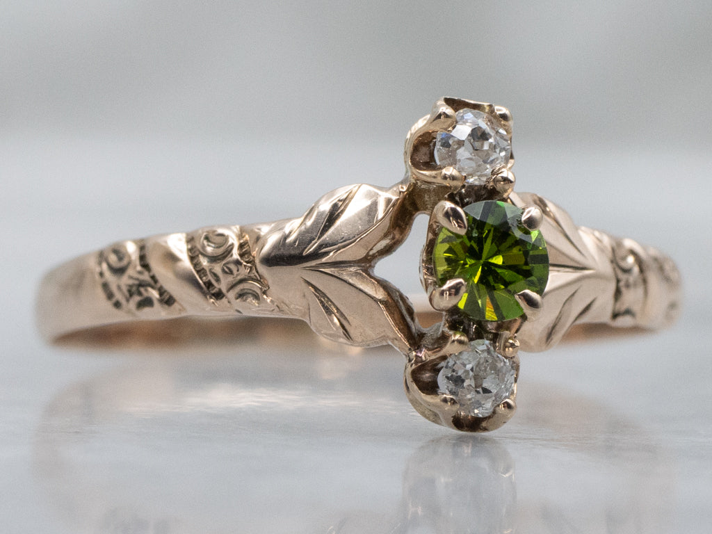 Demantoid Garnet Old Mine Cut Diamond Victorian Rose Gold Ring