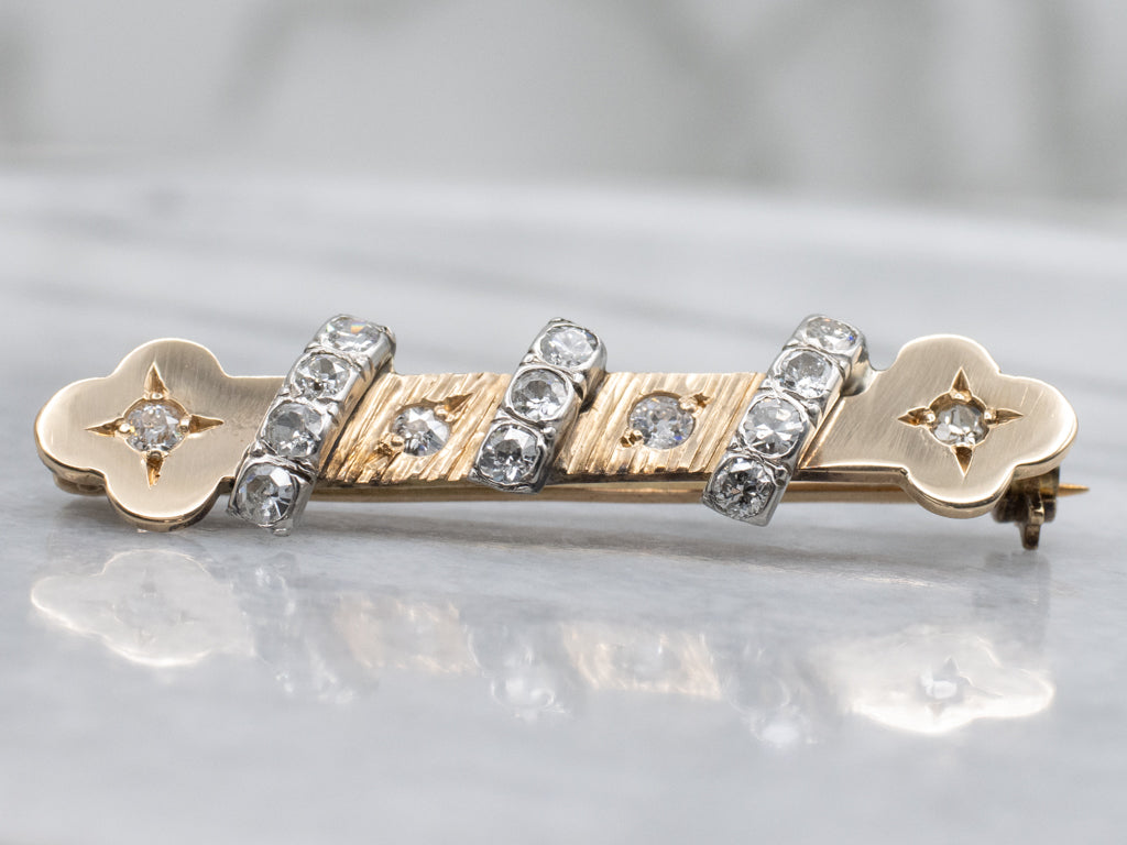 Antique Two-Tone Gold Old Mine Cut Diamond Bar Pin