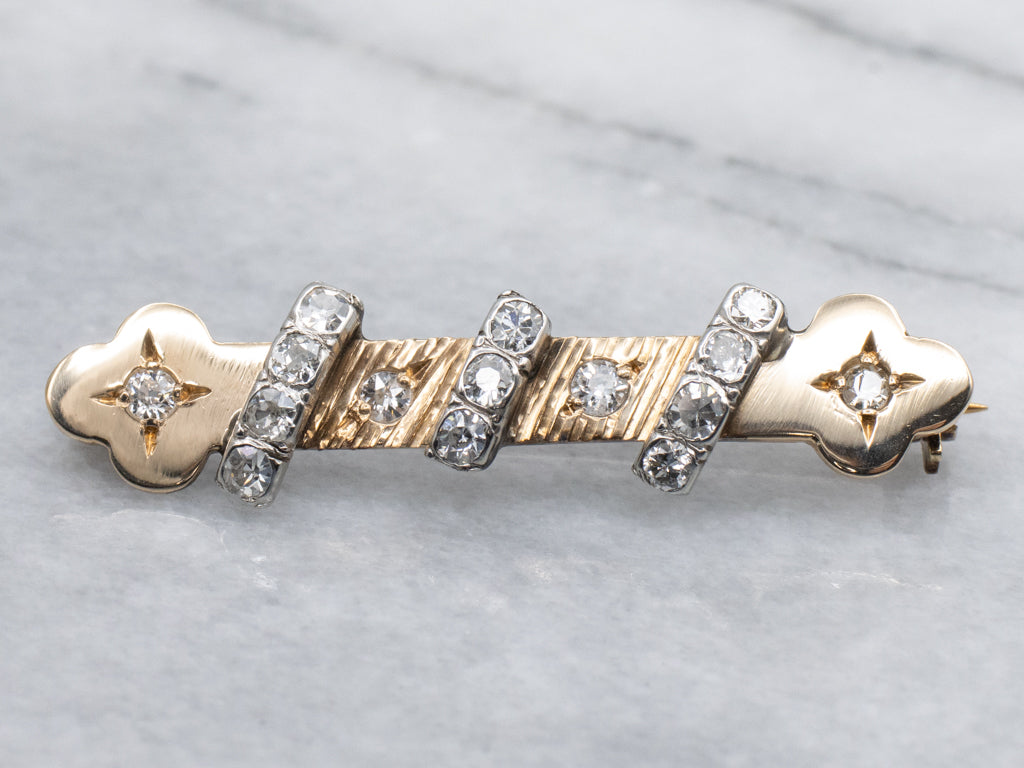 Antique Two-Tone Gold Old Mine Cut Diamond Bar Pin