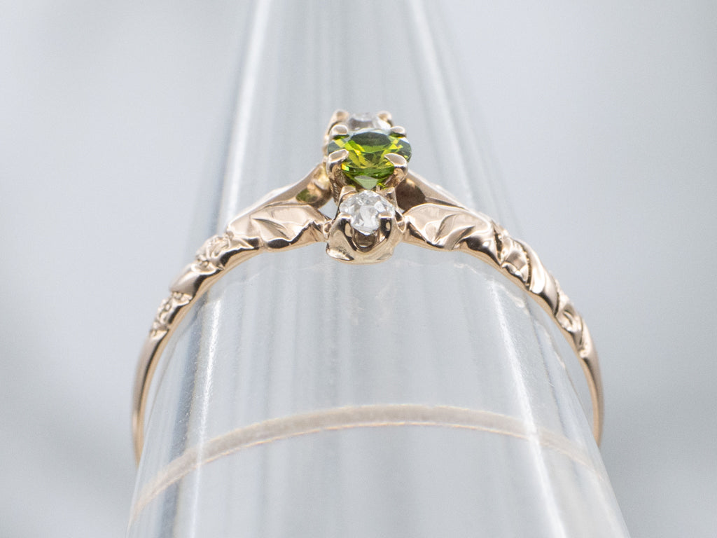 Demantoid Garnet Old Mine Cut Diamond Victorian Rose Gold Ring