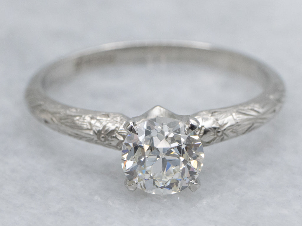 Edwardian Old Mine Cut Diamond Platinum Engagement Ring with Floral Details