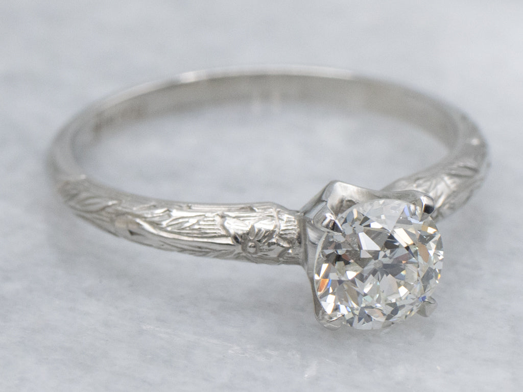 Edwardian Old Mine Cut Diamond Platinum Engagement Ring with Floral Details
