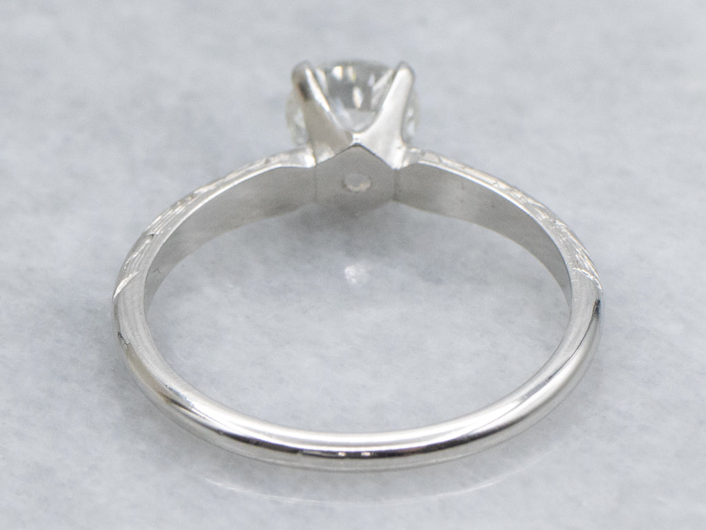 Edwardian Old Mine Cut Diamond Platinum Engagement Ring with Floral Details
