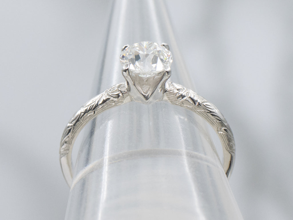 Edwardian Old Mine Cut Diamond Platinum Engagement Ring with Floral Details