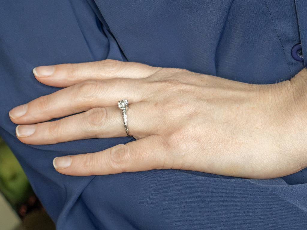 Edwardian Old Mine Cut Diamond Platinum Engagement Ring with Floral Details