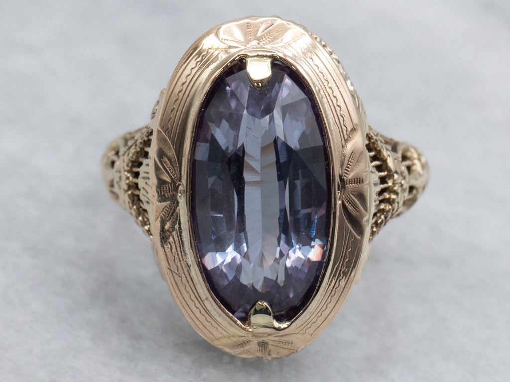 Vintage Synthetic Alexandrite Floral Filigree Ring