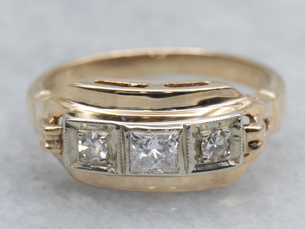 Retro Era Three Stone Diamond Engagement Ring