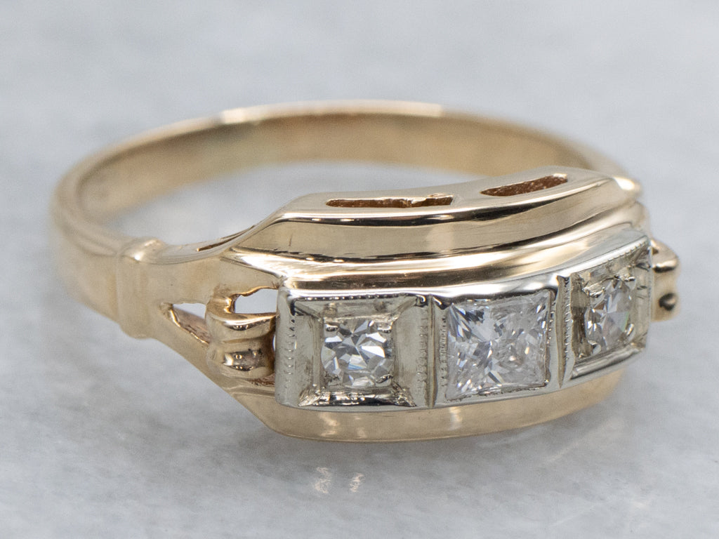 Retro Era Three Stone Diamond Engagement Ring