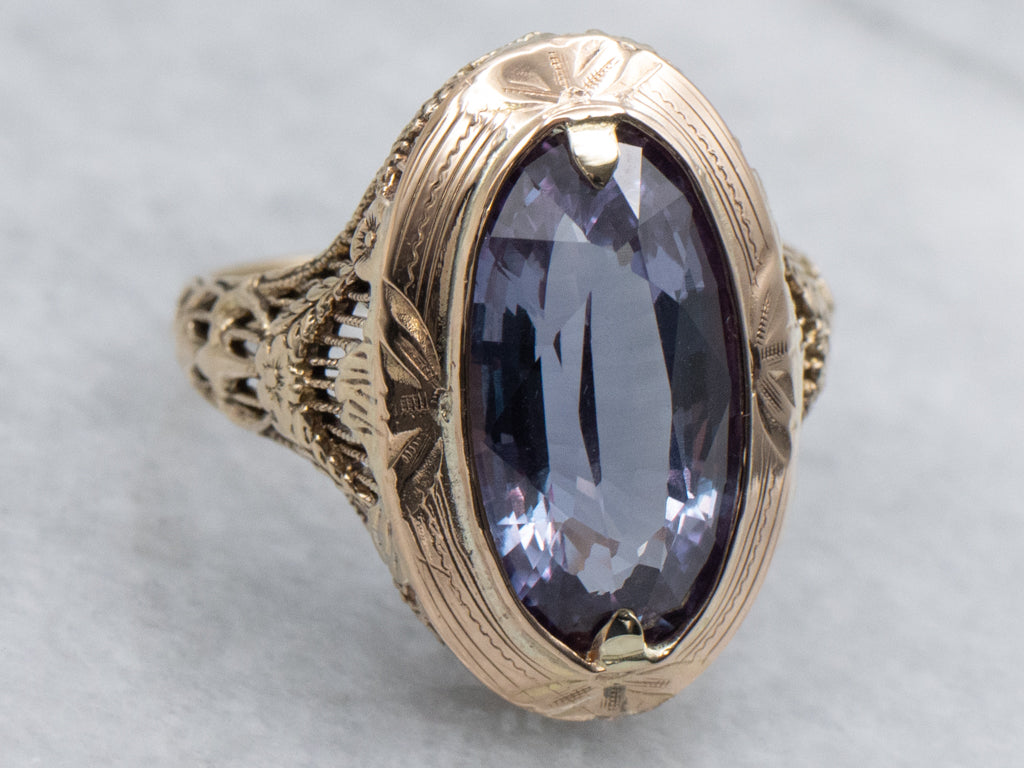 Vintage Synthetic Alexandrite Floral Filigree Ring