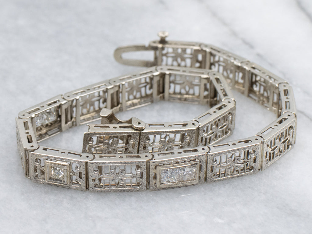 1920s Floral Filigree White Gold and Diamond Link Bracelet