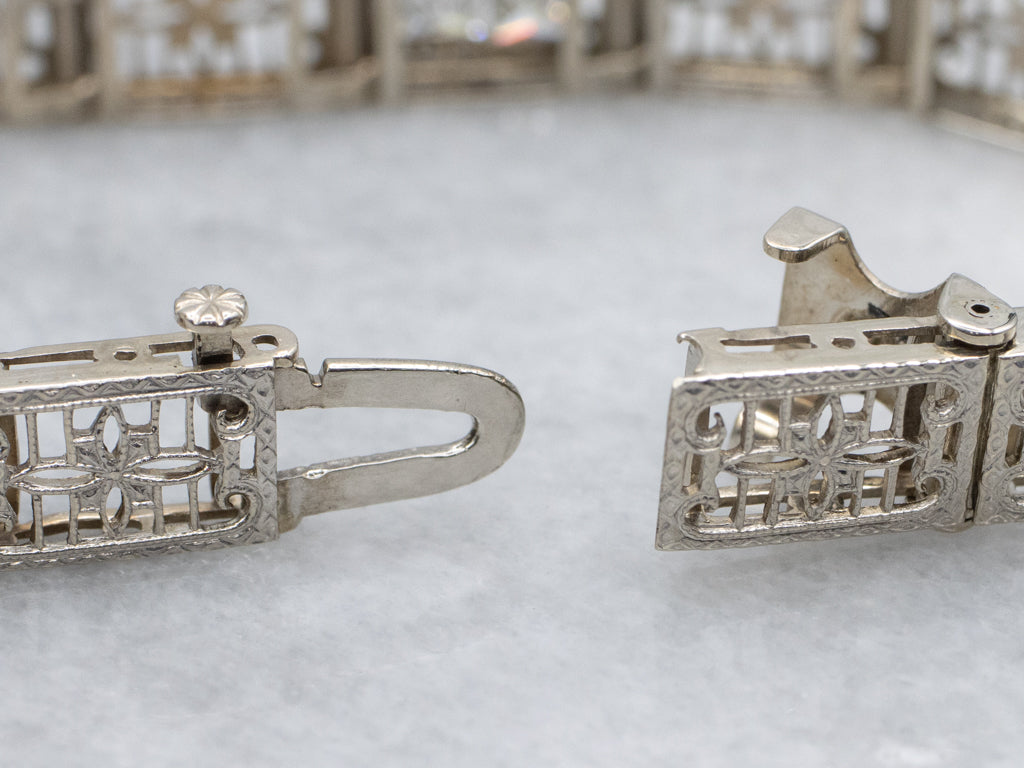 1920s Floral Filigree White Gold and Diamond Link Bracelet