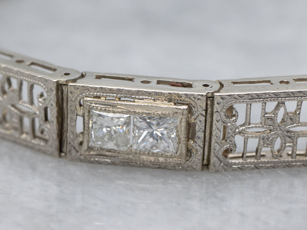 1920s Floral Filigree White Gold and Diamond Link Bracelet