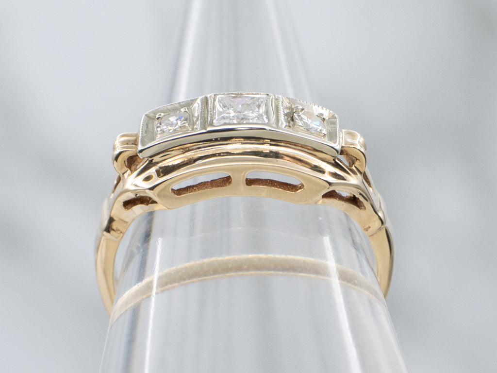Retro Era Three Stone Diamond Engagement Ring