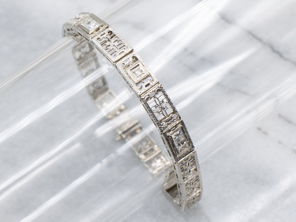 1920s Floral Filigree White Gold and Diamond Link Bracelet