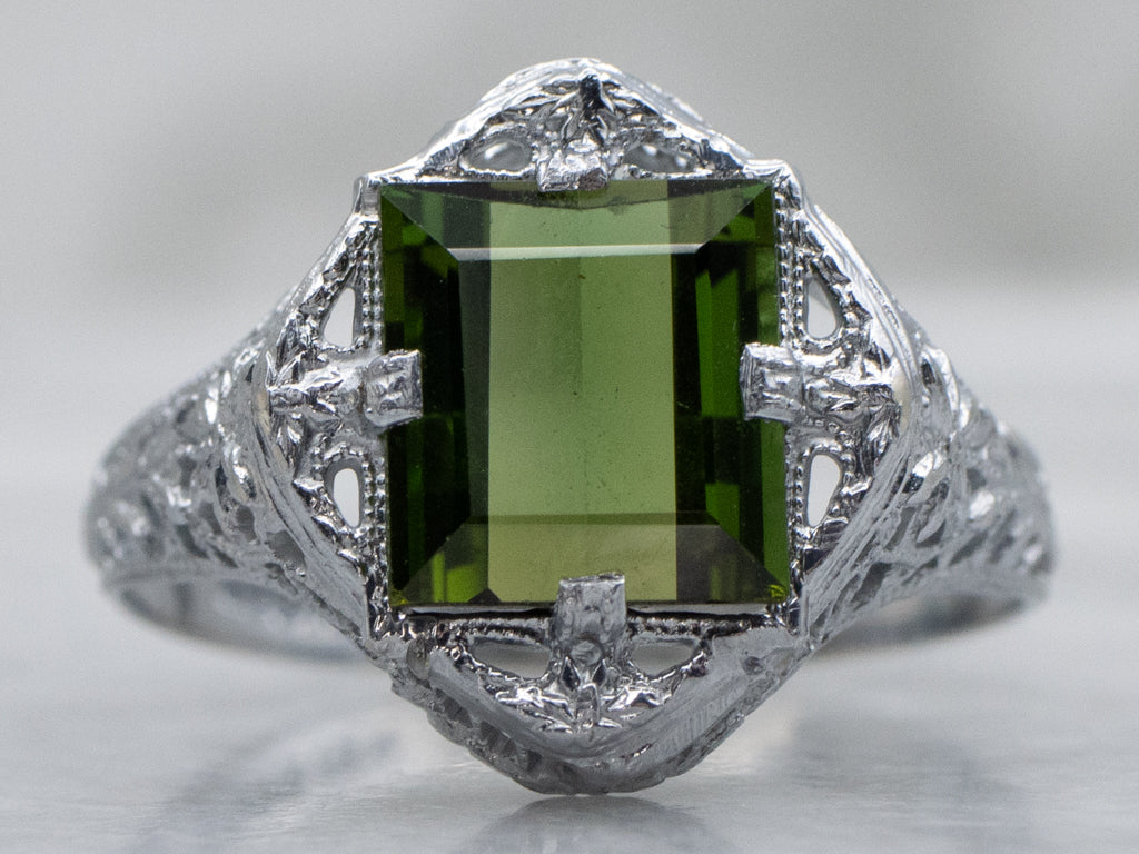 Green Tourmaline White Gold 1920s Filigree Solitaire Ring