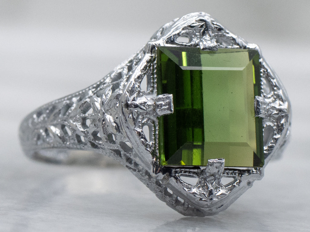 Green Tourmaline White Gold 1920s Filigree Solitaire Ring