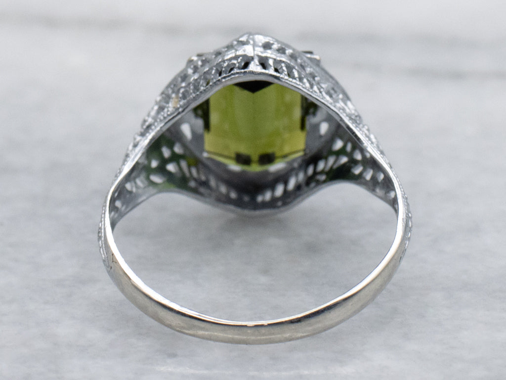 Green Tourmaline White Gold 1920s Filigree Solitaire Ring
