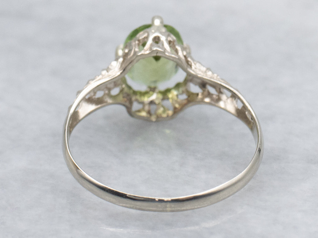 1920s Green Tourmaline White Gold Filigree Solitaire Ring