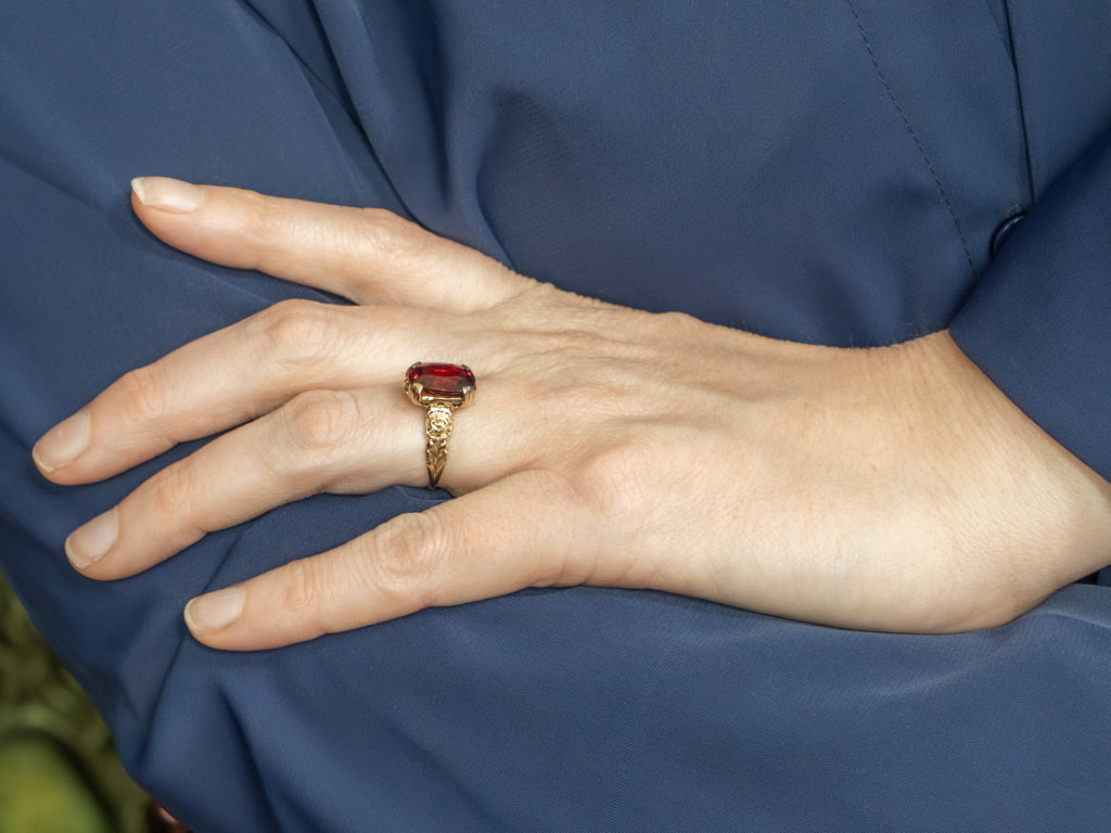 Victorian Gold Garnet Ring with Rose Flower Design