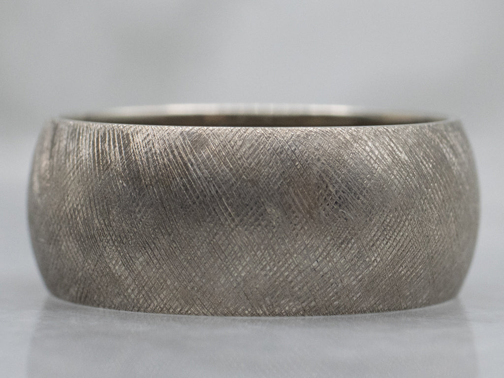 Wide Art Carved Cross-Hatched White Gold Band