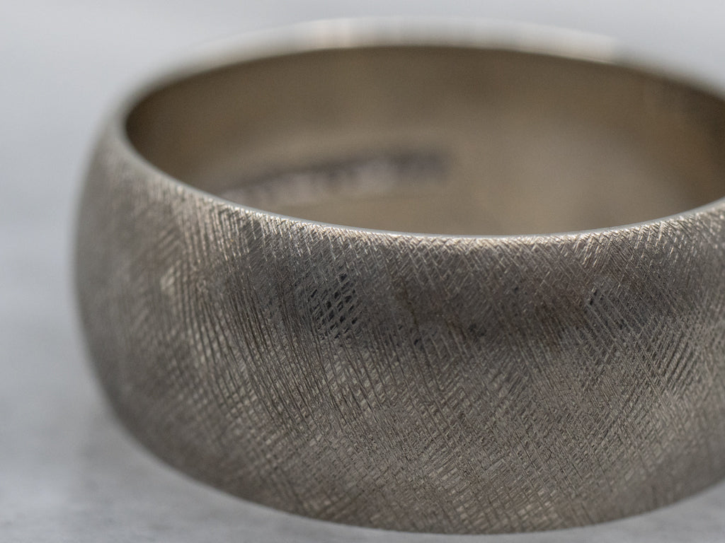 Wide Art Carved Cross-Hatched White Gold Band