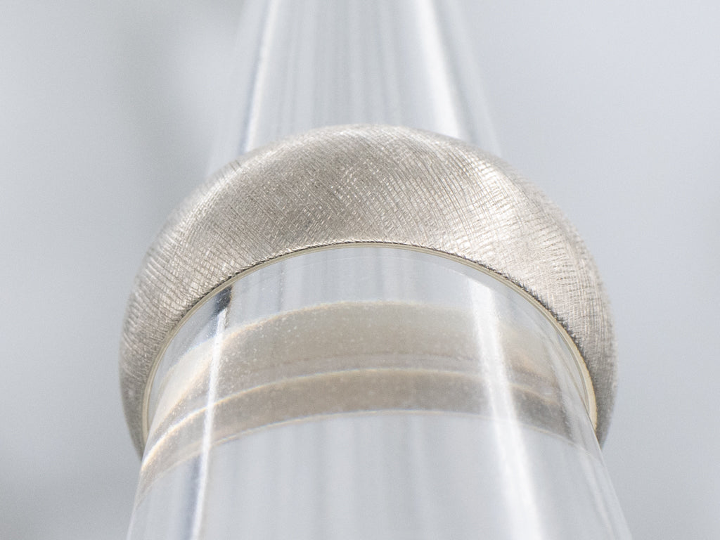Wide Art Carved Cross-Hatched White Gold Band