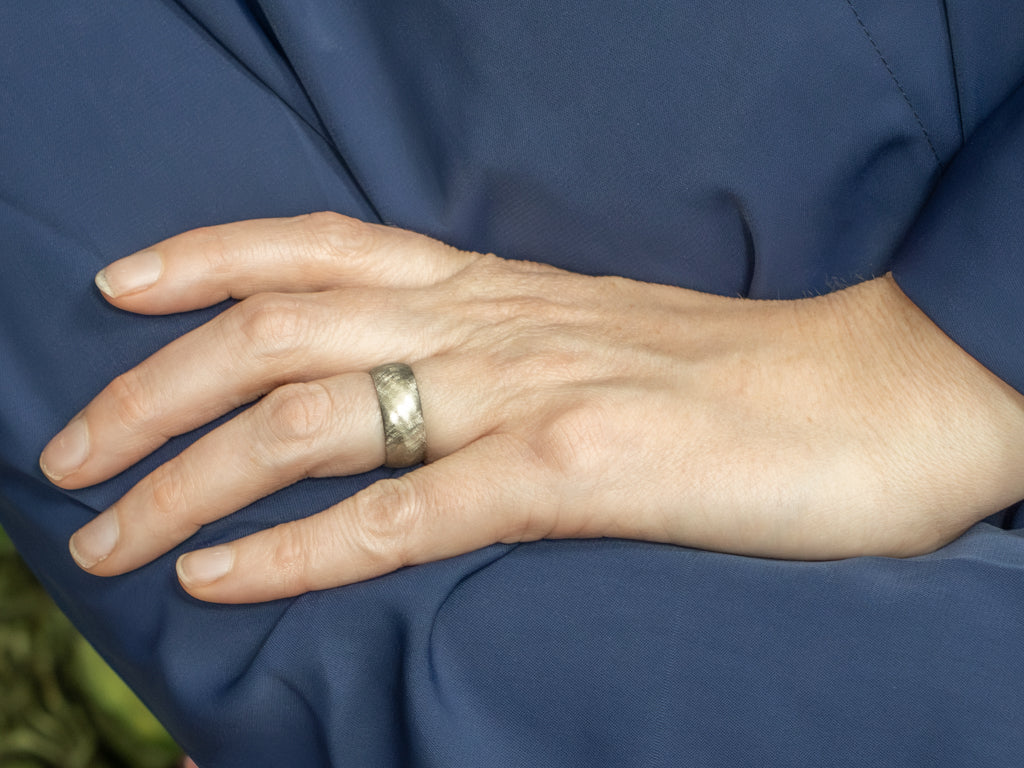 Wide Art Carved Cross-Hatched White Gold Band