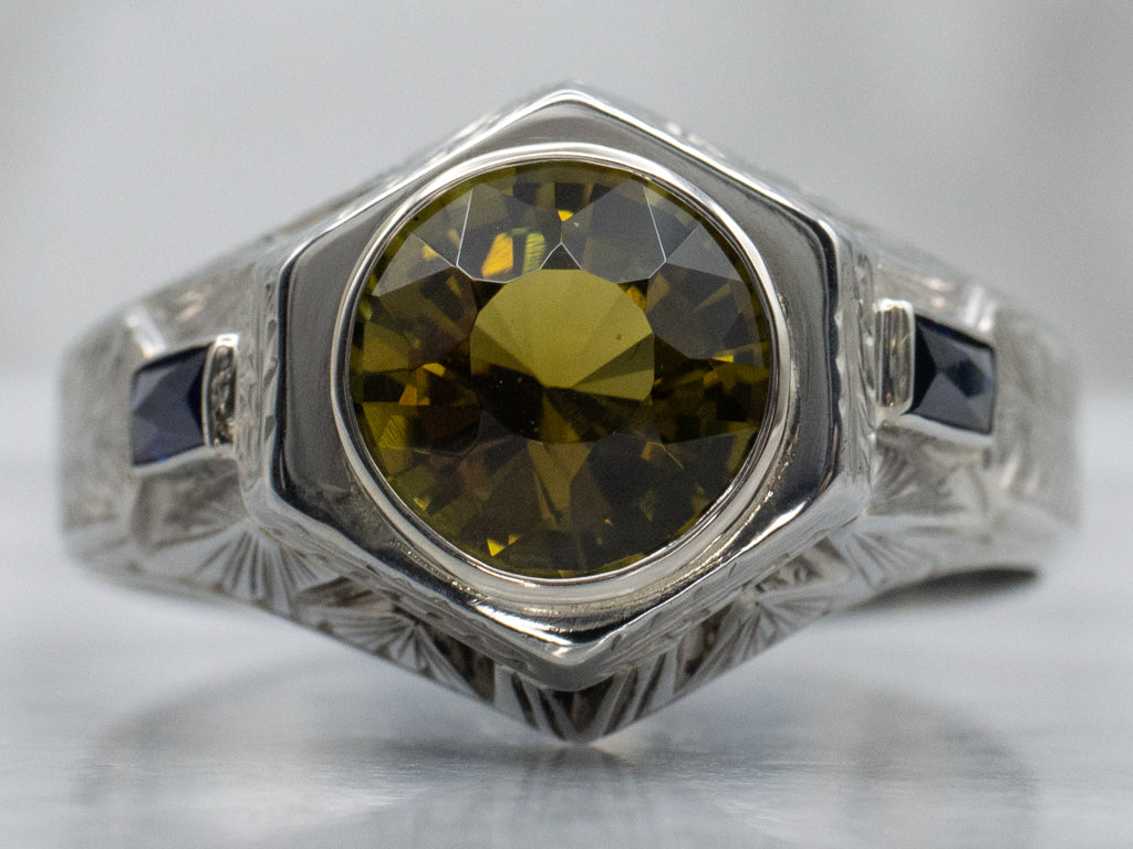 Men's 1920s Green Tourmaline and Sapphire Ring