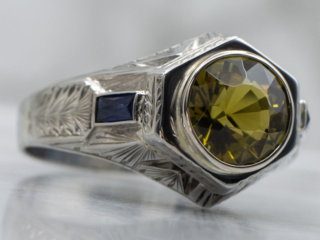 Men's 1920s Green Tourmaline and Sapphire Ring