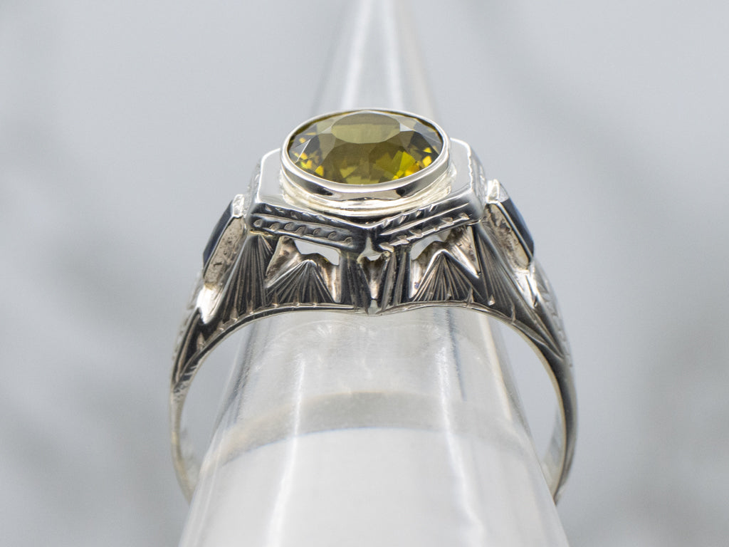 Men's 1920s Green Tourmaline and Sapphire Ring