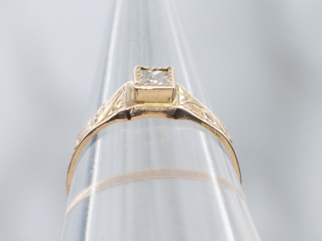 Antique Engraved Gold Mini Diamond Ring