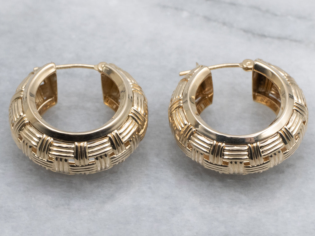 Basket Weave Yellow Gold Hoop Earrings