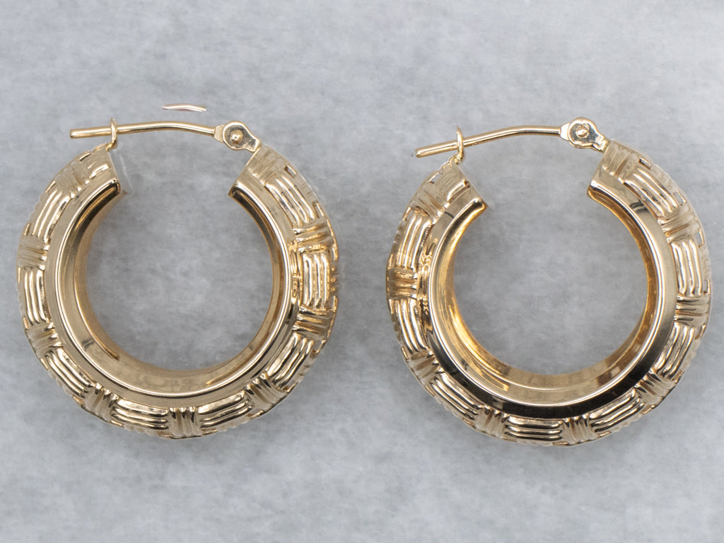 Basket Weave Yellow Gold Hoop Earrings