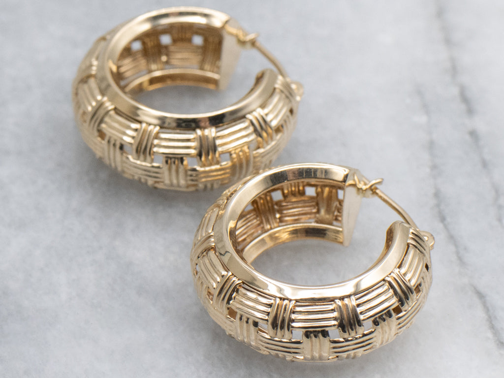 Basket Weave Yellow Gold Hoop Earrings