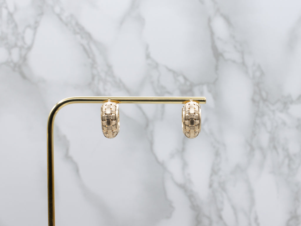 Basket Weave Yellow Gold Hoop Earrings