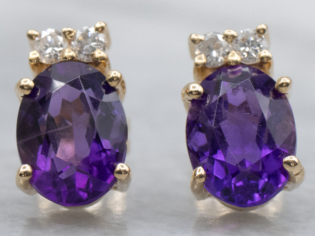 Yellow Gold Amethyst and Diamond Stud Earrings