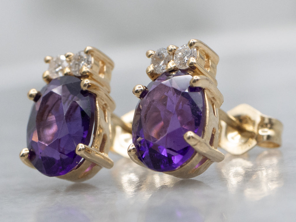 Yellow Gold Amethyst and Diamond Stud Earrings
