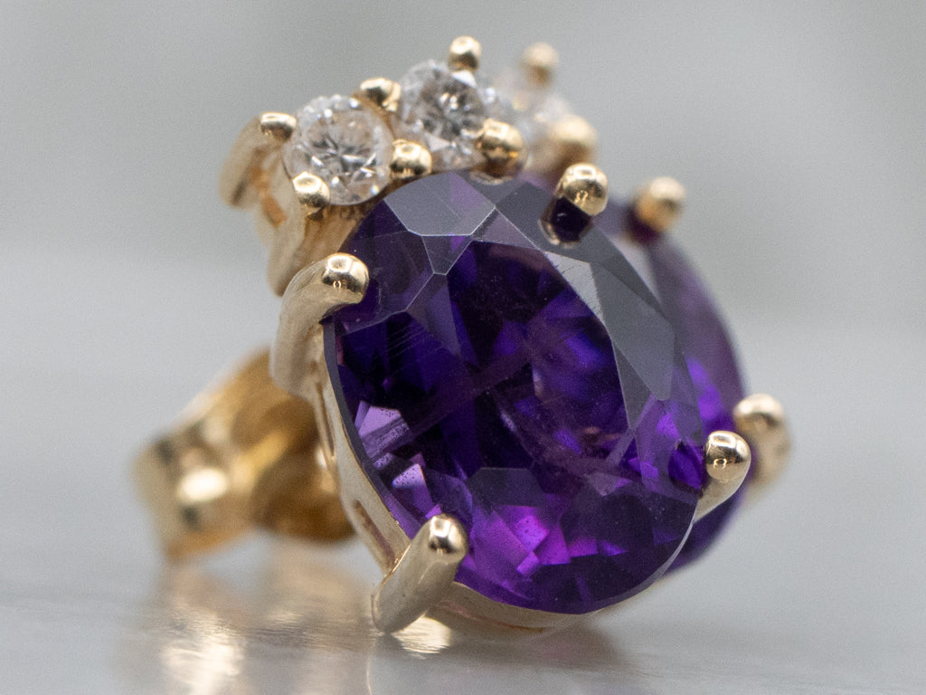 Yellow Gold Amethyst and Diamond Stud Earrings