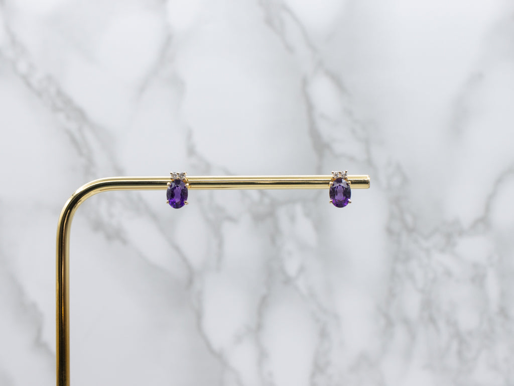 Yellow Gold Amethyst and Diamond Stud Earrings