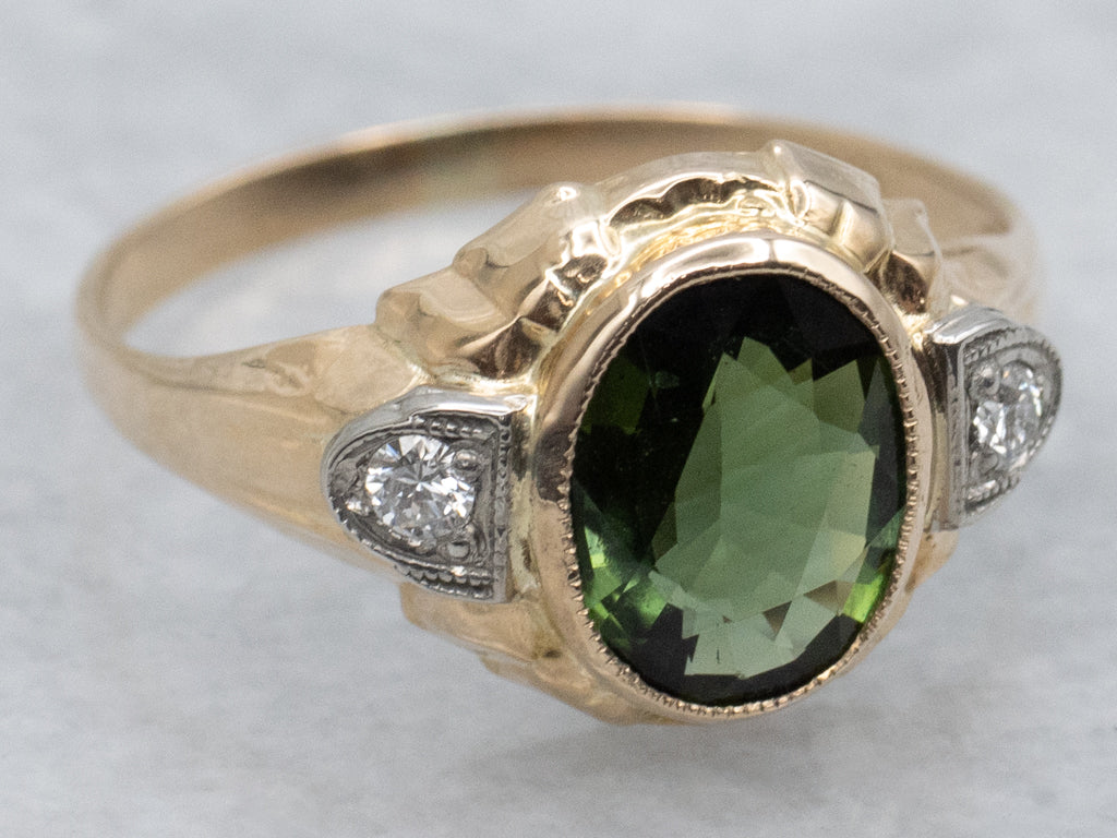Bezel-Set Green Tourmaline and Diamond Ring