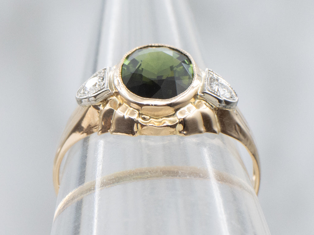 Bezel-Set Green Tourmaline and Diamond Ring