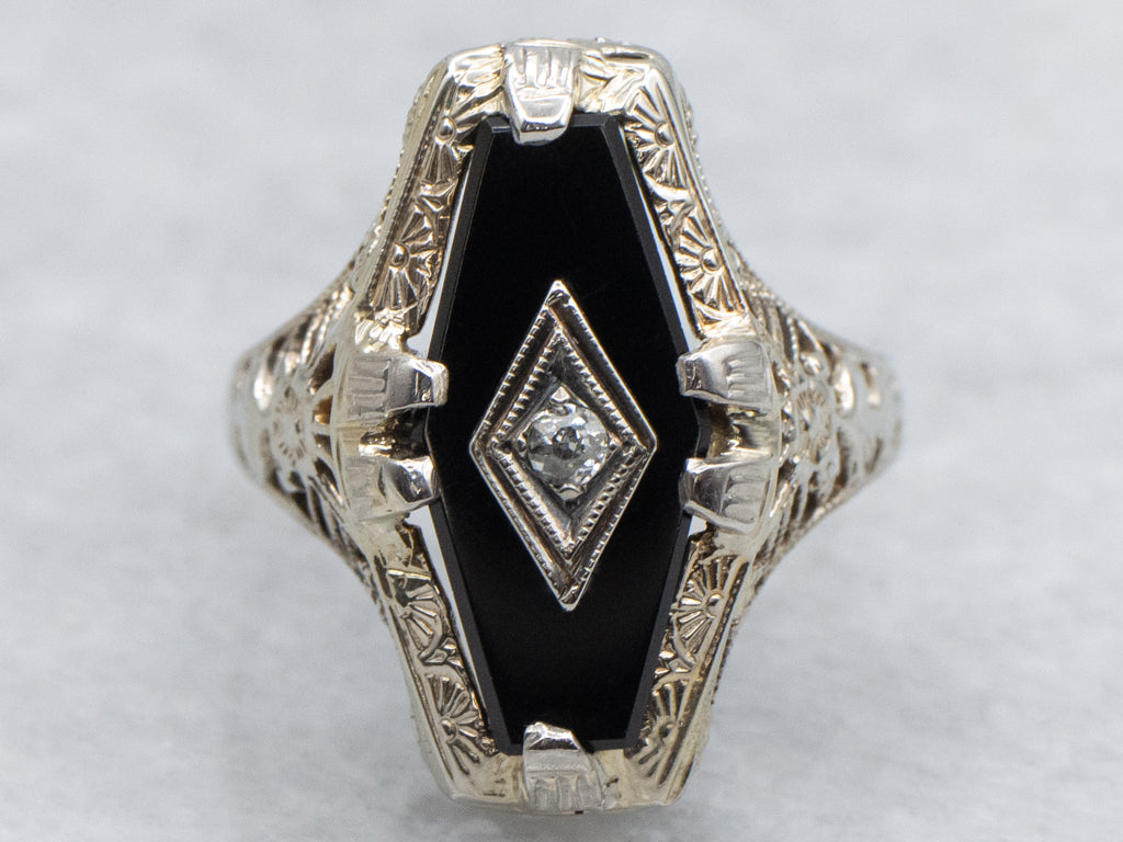 Circa 1920s Black Onyx and Old Mine Cut Diamond Gold Floral Filigree Ring