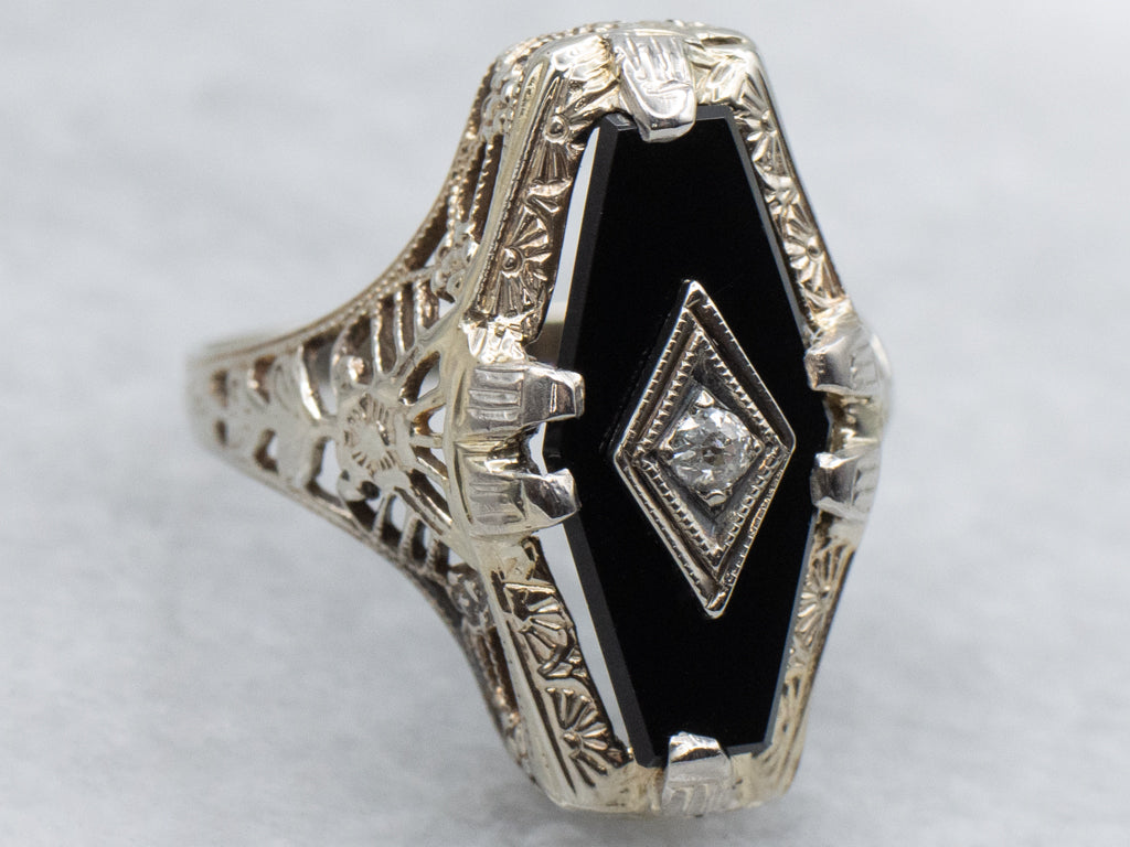 Circa 1920s Black Onyx and Old Mine Cut Diamond Gold Floral Filigree Ring