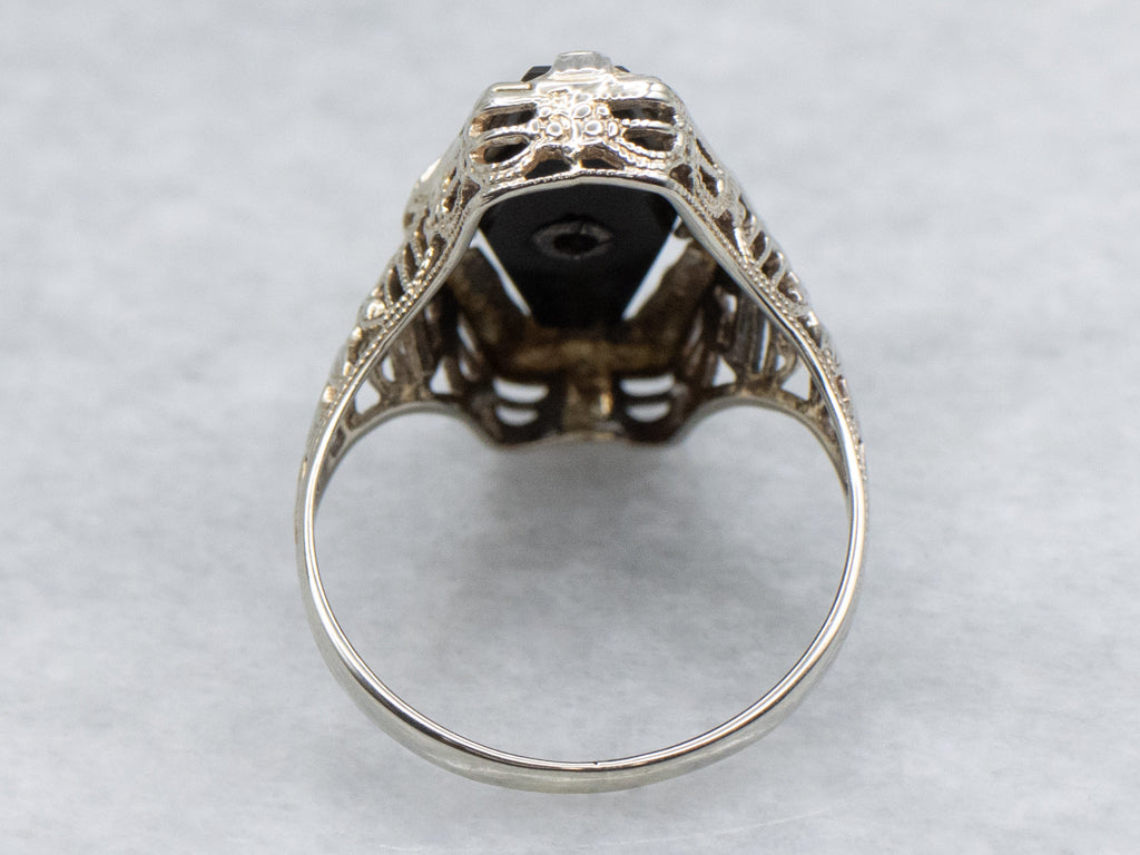 Circa 1920s Black Onyx and Old Mine Cut Diamond Gold Floral Filigree Ring