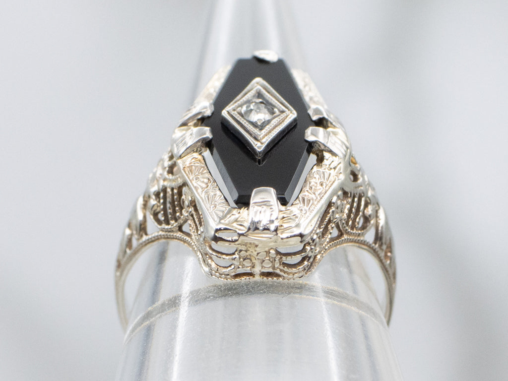 Circa 1920s Black Onyx and Old Mine Cut Diamond Gold Floral Filigree Ring