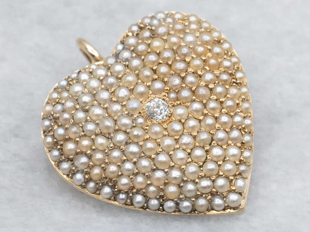 Antique Old Mine Cut Diamond and Seed Pearl Gold Heart Pendant