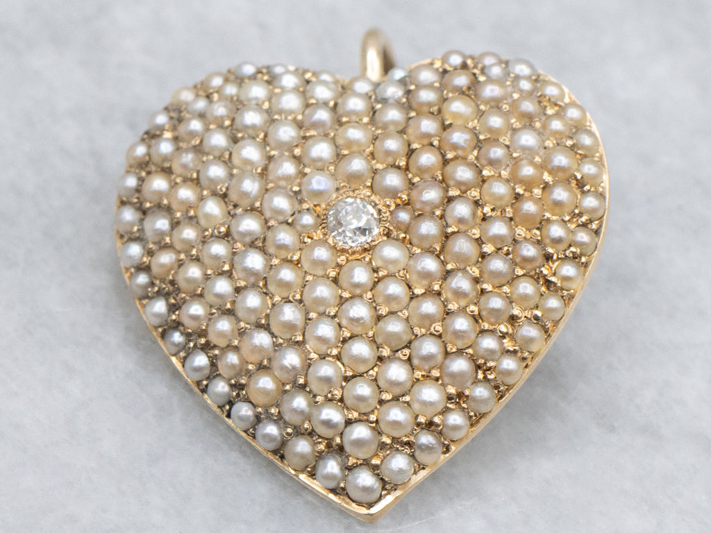 Antique Old Mine Cut Diamond and Seed Pearl Gold Heart Pendant