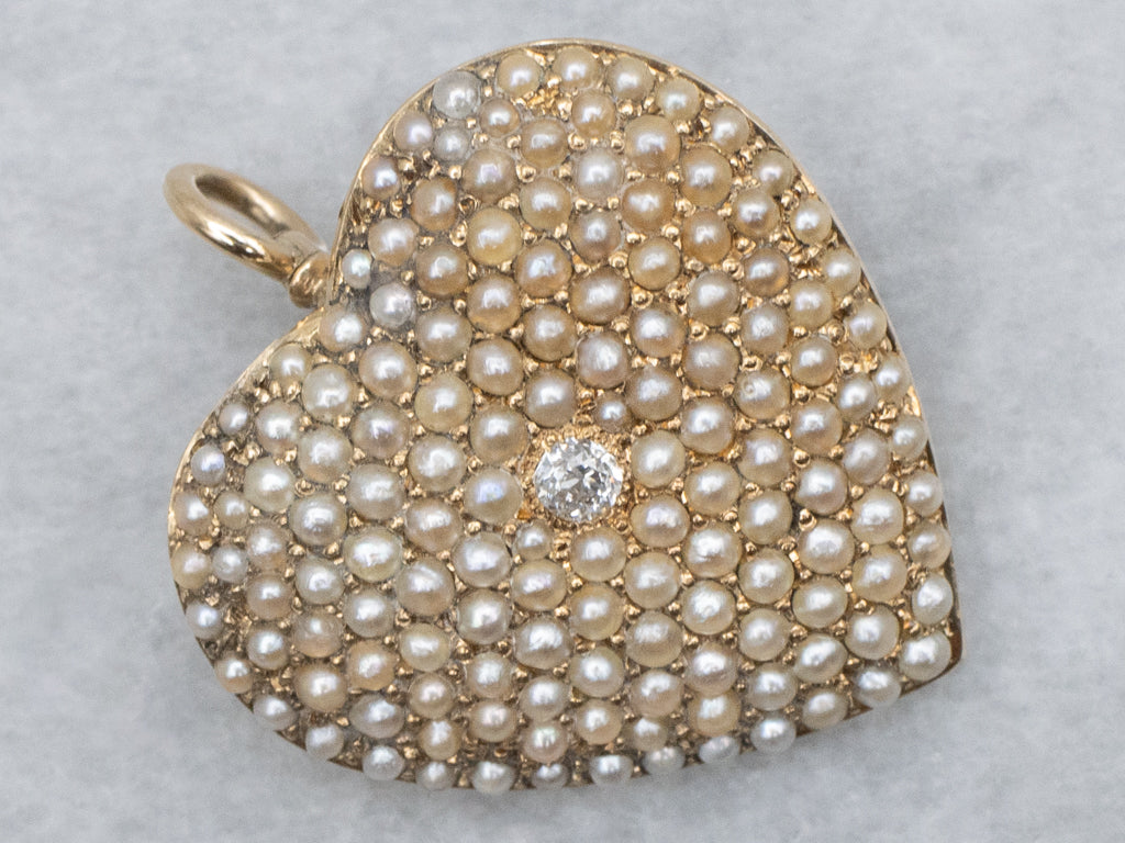 Antique Old Mine Cut Diamond and Seed Pearl Gold Heart Pendant